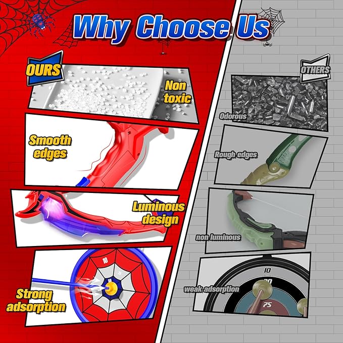 Outdoor Toys for Ages 3-5 Boys, Spider Bow and Arrow for Kids 3-7 Archery Set with LED Lights Target Toys for Boys 3 4 5 6 Bow Arrow Shooting Outdoor Games for Kids Ages 5-8 Girls Gifts