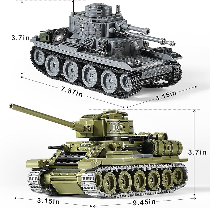 WW2 Army Tanks Toy Building Kit Compatible with Lego, Create a Soviet T-34 Tank & a German Panzer 38(t) Tank, Great Military Model Toys Gift for Boys, Kids, and Teens Age 8+ (1008 Pieces)
