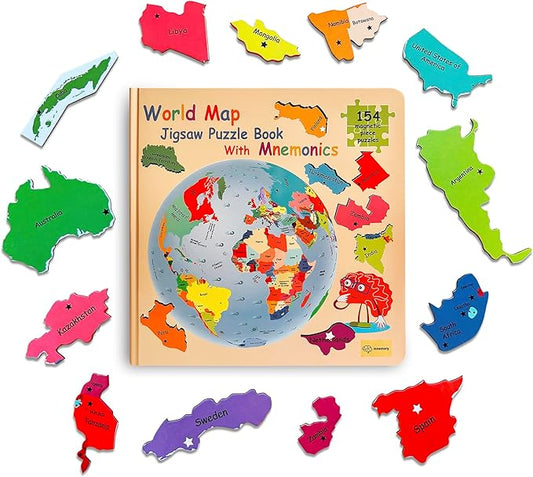Geography Puzzle Book with Mnemonics | Magnetic World Map Puzzles for Kids & Adults (Ages 6+) | Learn Countries & Capitals with 154 Country-Shaped Puzzles, 200 Memory Tricks & 7 Maps