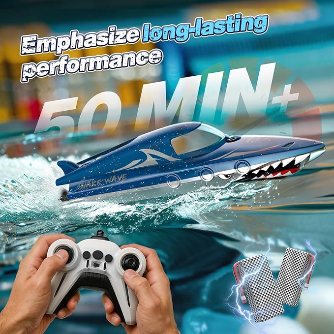 Shark RC Racing Boat for Kids & Adults,2.4GHz High Speed Remote Control Boat W/ Dual Battery 50 Min Runtime,Waterproof,Fast Remote Control Toy Gift Kids 8-12, Ideal for Pools & Lakes,Shining Blue