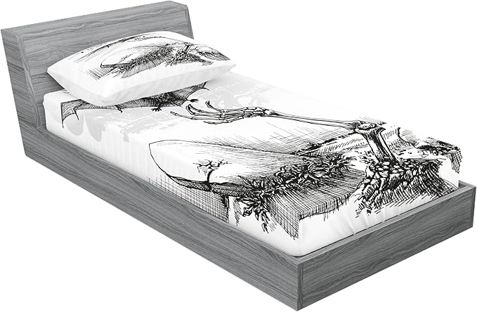 Ambesonne Halloween Fitted Sheet & Pillow Sham Set, Dead Skull Skeleton Out of The Grave and Flying Bat Hand Drawn Spooky Picture, Decorative Printed 2 Piece Bedding Decor Set, Twin, Black Ecru