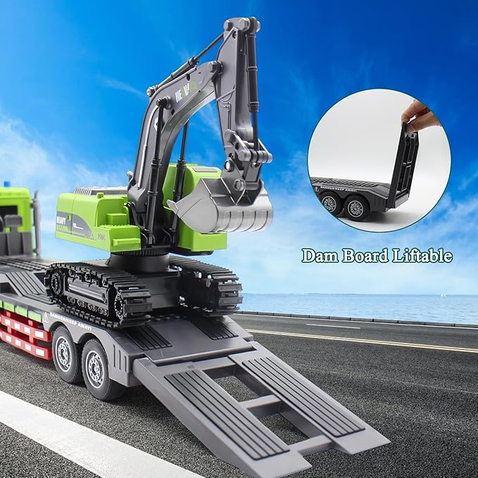 Fistone RC Semi-Trailer Truck & Excavator Toy Set, 1:12 Scale with Sound and Lights, 2.4Ghz Remote Control Flatbed Truck and Excavator Toys for Boys 6-12 Years Old