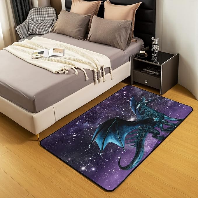 Erosebridal Dragon Rug, Purple Nebula Area Rug 4x5, Mysterious Outer Space Trippy Carpet for Kids Boys Girls Teens, Safari Wildlife Animals Non Slip Decorative Rug for Bedroom