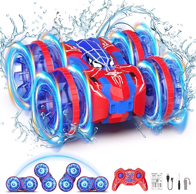 Waterproof Remote Control Car，4WD Amphibious 2.4 GHz RC Car Remote Control Boat，360°Rotation RC Stunt with LED Lights，Boys Girls Gifts All Terrain Water Beach Pool Toy