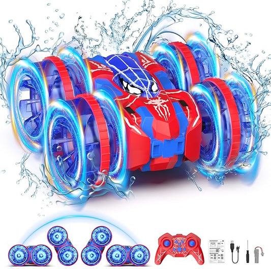 Waterproof Remote Control Car，4WD Amphibious 2.4 GHz RC Car Remote Control Boat，360°Rotation RC Stunt with LED Lights，Boys Girls Gifts All Terrain Water Beach Pool Toy