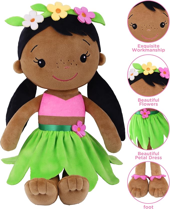 Soft Baby Doll Toys (16'') for Girls, My First Baby Rag Dolls for 1 Year Old Girl Birthday Gift Plush Doll Toys Machine Washable Baby Doll for Toddler Kids Infants - Black Baby Girl