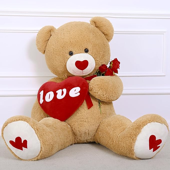 MorisMos Love Heart Giant Teddy Bear 4ft, 51inch Red Heart Large Bear for Girlfriend, Soft Valentine Stuffed Animals Plush Gift for Boyfriend Kids, Brown