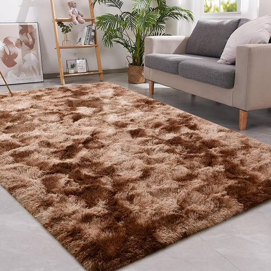 Vocrite Fluffy Area Rugs for Living Room, 5x8 Ft Large Shag Bedroom Rug, Shaggy Plush Anti-Skid Carpets, Fuzzy Furry Soft Faux Fur Rugs, High Pile Rug for Dorm Kids Room, Tie Dye Brown