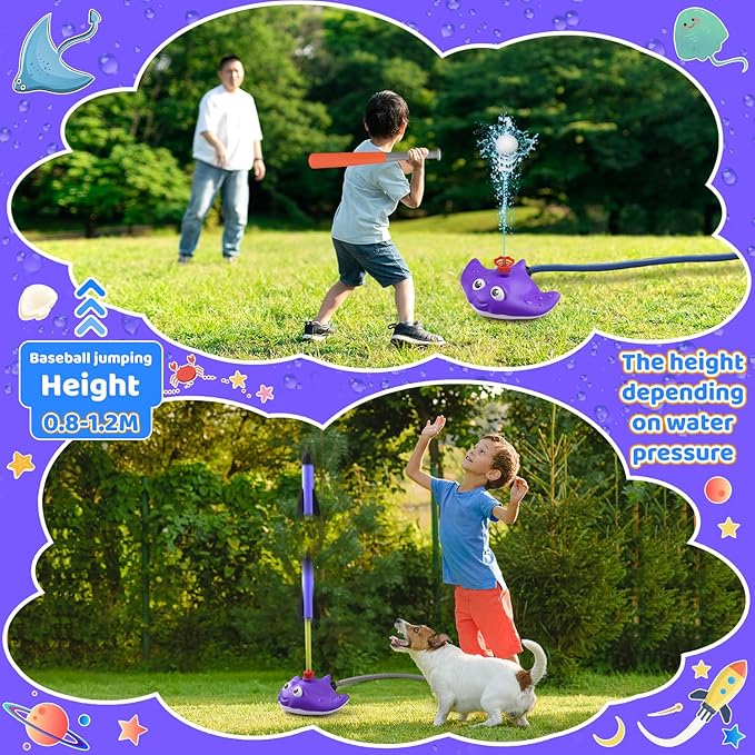 3 in 1 Water Baseball Summer Toys Sprinkler for Kids, Toddler Outdoor Toys Sprinklers for Yard with 2 Sprinkler Heads, 360° Roating Water Toys Attache to Garden Hose Backyard Pool Party Outdoor Games