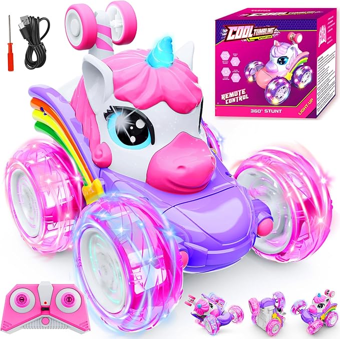 Unicorn Remote Control Car Toys for Girl - 360° Rotating Pink RC Stunt Cars 4WD Remote Cars for Kids, 2.4GHz Toy Car USB Direct Charging with LED Lights, Birthday Gift for 3 4 5 6 7 8 9 Year Old Girl