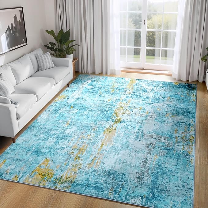 Ompaa Living Room Rug 5x7 Teal Blue Area Rug Machine Washable Boho Rug Non Slip Abstract Vintage Indoor Large Rugs for Bedroom, Classroom, College Dorm, Farmhouse, Dining Room, Kids Playroom