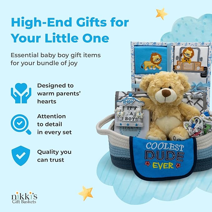 Welcome Home Precious Baby Gift Set | Newborn Baby Boy Gift Set with Baby Essentials | Baby Gift for Expecting Moms and Gender Reveals | Baby Layette Set | Blue Baby Gift Basket | Nikki's Gift Baskets