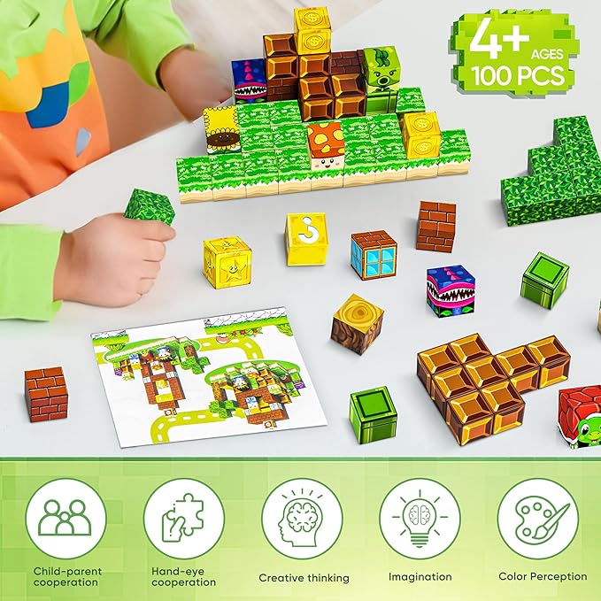 Magnetic Blocks Toys, 100PCS Magnetic Building Toys Based on The Game Super Plumber, STEM Magnets Sensory Toys for Kids, Magnetic Building Blocks Suitable for Boys Girls 4+ (Green)