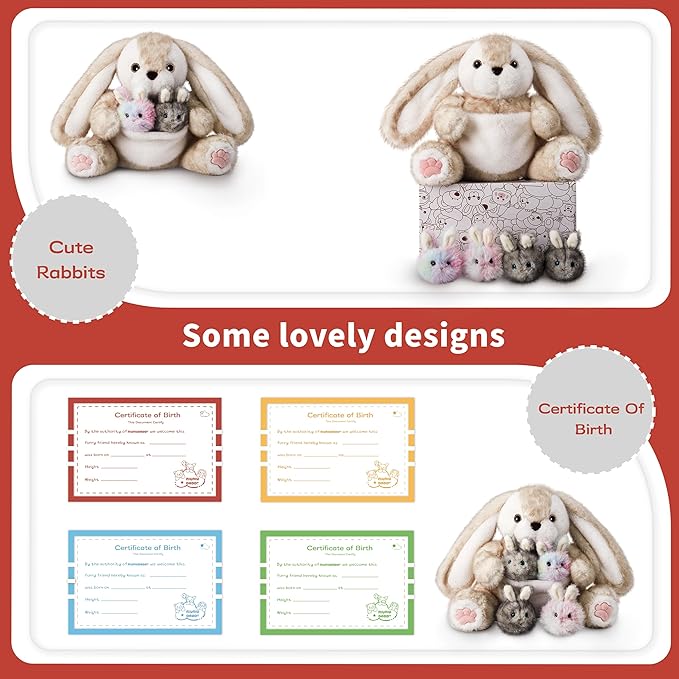 Niuniu Daddy 20" | 5Pcs Bunny Stuffed Animals Family Set, Mommy Rabbit Plush with 4 Babies Toys, Cute Large Body Pillow for Girls Boys Adults with Easter Birthday Party Presents