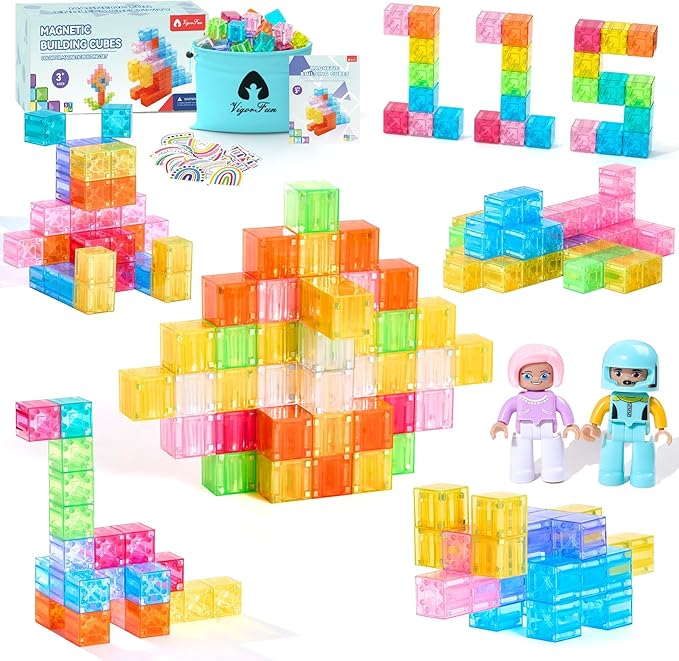 Magnetic Blocks Set, Magnet Building Blocks with Toy Figurine and Storage Bag for Kids Gifts, STEM Educational Preschool Sensory Toys for Toddlers Boys Girls Ages 3-12(Transparent)