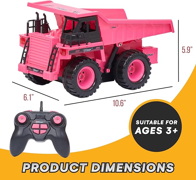Top Race Remote Control Dump Truck - Pink - 4WD RC Dump Truck with Interactive Lifting Bed, Realistic Design, Powerful Engine, and Durable Non-Toxic Plastic Build for Safe and Fun Play