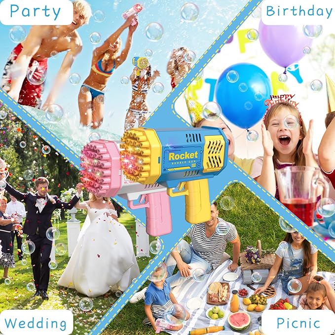 2 Bubble Gun with 2 Bottles Refill Solution for Kids, 40-Hole Light Up Rocket Bubble Machine for Toddlers 1-3, Bubble Blaster Maker, Party Favors Toys for Boys Girls 4-8 Birthday Gifts