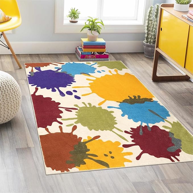 STARUIA Colorful Kids Room Rug, 3'x5' Machine Washable Rug for Playroom, Paint Splatter Rainbow Area Rugs for Classroom, Soft Aesthetic Nursery Rug Throw Kids Play Mat for Bedroom Office Preschool