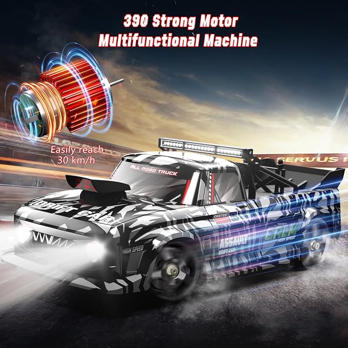 Scale RC Drift Car, 2.4Ghz 4WD RC Race Car with Gyro, LED, 2 Rechargeable Batteries - Hobby RC Cars for Boys