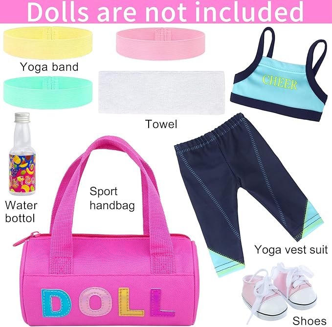 Ecore Fun 8 Piece 18 Inch Girl Doll Clothes and Accessories Set Include Yoga Sport Clothes Shoes Yoga Bands Towel Drink and Bag