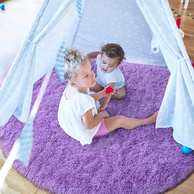 LOCHAS Luxury Round Fluffy Area Rugs for Bedroom Kids Girls Room Nursery, Super Soft Circle Rug, Cute Shaggy Carpet for Children Living Room, 4x4 Feet Purple