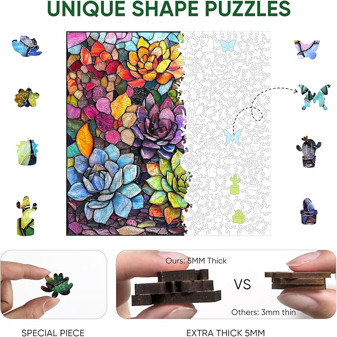 delobi Stained Glass Puzzles for Adults 500 Pieces Succulent Wooden Puzzles, Unique Liberty Challenging Jigsaw Puzzles Gift for Friends Family Game Medium Size 15.9'' x15.9''