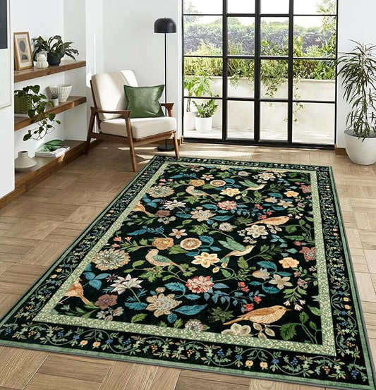 Floral Washable 5x7 Area Rug, Boho Birds Black/Green Rugs for Living Room Soft Non-Slip Vintage Flower Bedroom Rug, Low Pile Botanical Indoor Carpet for Nursery Playroom Dining Room