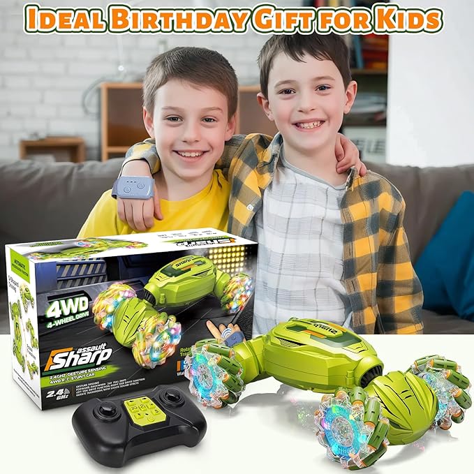 Gesture Sensing RC Stunt Car, Remote Control Car Christmas Birthday Gifts for Kids Age 6-12, 2.4Ghz Hand Controlled Twist Cars, 360° Rotating Off Road Car Toy for Boys Girls Age 6 7 8 9 10 11+(Green)