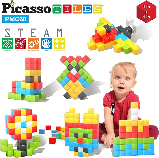 PicassoTiles 60 Pieces 1" Magnetic Building Blocks, 3D Construction Cubes Magnet Sensory Toys Gifts with Free Idea Book for Kids, Toddlers & Babies - PMC60