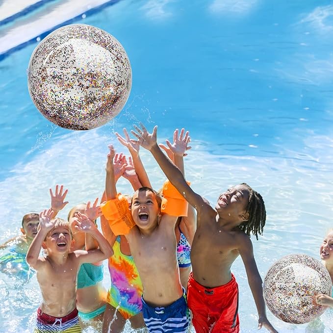 12 Pack Inflatable Beach Balls Bulk 16" Glitters Pool Toys Balls for Pool, Beach, Summer Pool Party - Swimming Pool Game Water Beach Toys Kid Party Favor Decorations Summer Blow Up Beach Ball