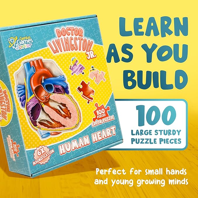 Human Heart Anatomy Floor Puzzle — Genius Games Doctor Livingston Jr Anatomy Toy - Kids Puzzles & Science Toys - Human Heart Anatomy Model - 100 Piece Jigsaw Puzzles for Kids, Toddlers, Teens