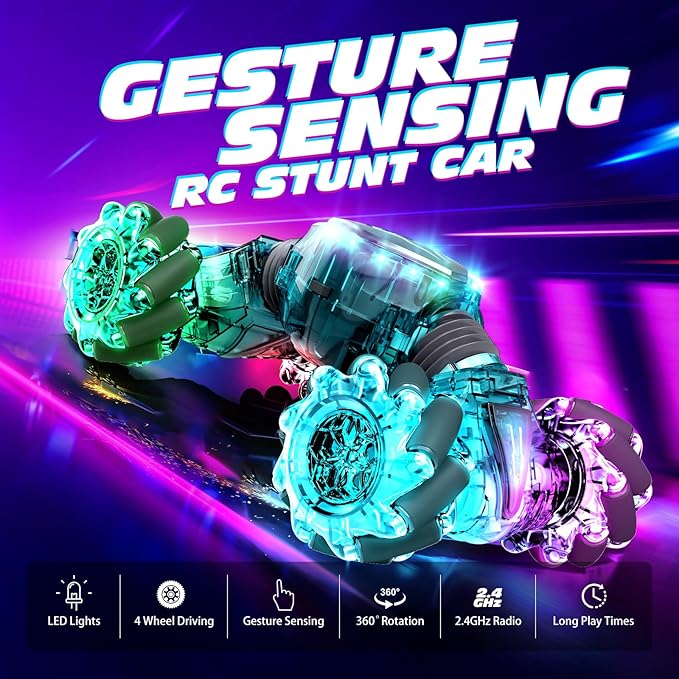 Tecnock Remote Control Car RC Cars for Boys Girls, 2.4GHz 4WD Gesture Sensing RC Stunt Car Toys - 360° Rotating Double Sided Hand Controlled RC Car with Lights, Gifts for Kids