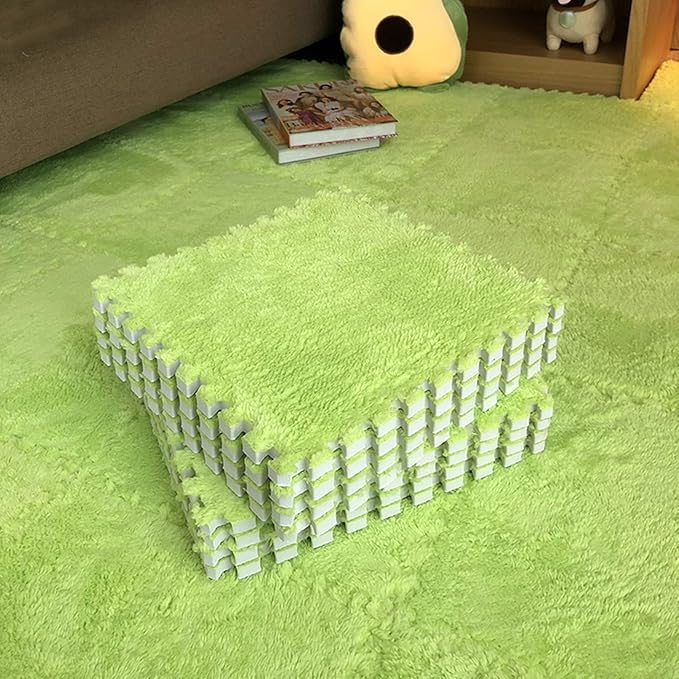 Interlocking Carpet Shaggy Soft EVA Foam Mats Fluffy Area Rugs Protective Floor Tiles Exercise Play Mat for Children Kids Room Home Parlor Bedroom (12 pcs, Green)