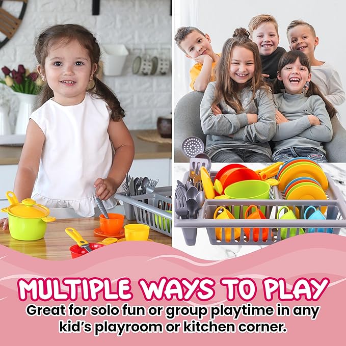 Play Dishes for Kids Kitchen | Pretend Play Kitchen Dishes Set with Drainer | Toy Dishes Kit | Pretend Dishes Cookware Set | Fun and Colorful | Childrens Durable Tableware Playset (33 Pcs)