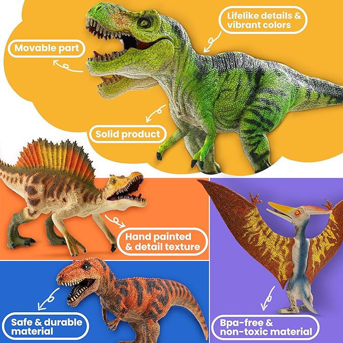 4 PCS Jumbo Dinosaur Toys for Kids 3-5 Realistic Dinosaur Figures with Movable Parts & Learning Cards- Big Dino Toys for Kids 5-7 Ideal Gift for Toddlers Boys Girls Ages 3+