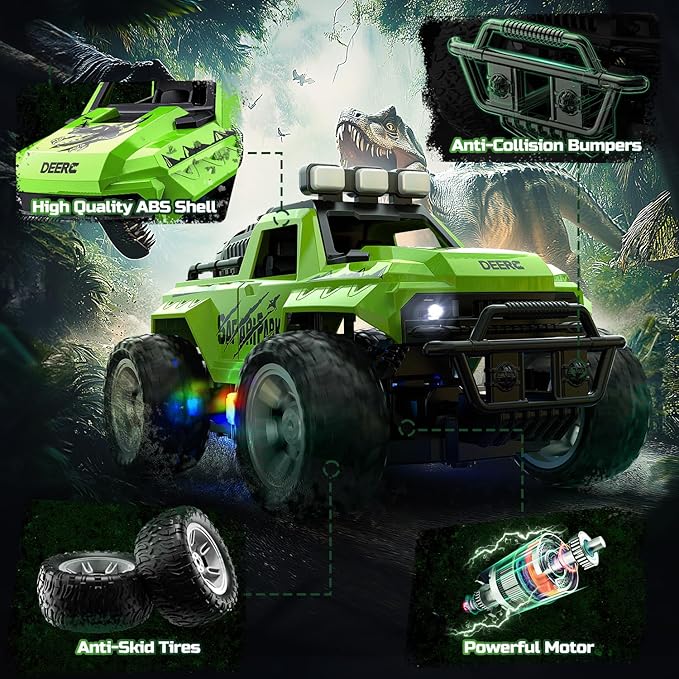 DEERC Remote Control Car with Fog Mist & LED Colorful Lights, 1:18 Scale RC Truck with 2 Batteries, 2.4Ghz Monster Truck for Boys, All Terrain Off-Road Race car, Educational Toy & Gift for Boys Girls