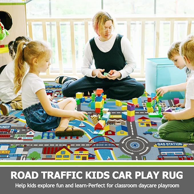 Capslpad Kids Rug 6'6" x 9'8" Educational Learning Kids Play Area Rug Large Traffic Road Cars Rug Play Mat for Kids Toy Nursery Rug Kid Car Carpet for Playroom Living Room Classroom Decor, Sky Blue