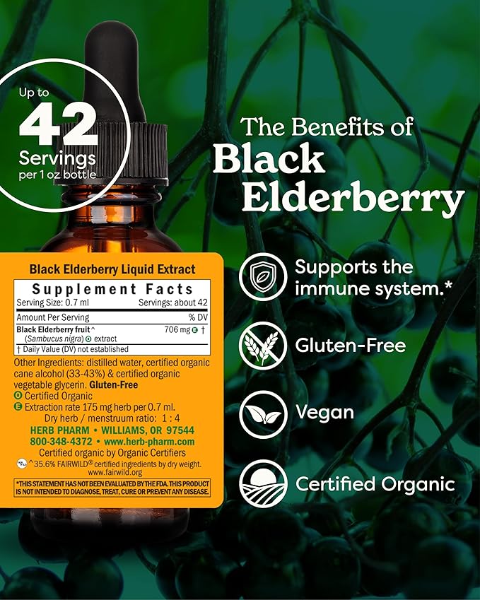 Herb Pharm Certified Organic Black Elderberry Liquid Extract for Immune System Support, Organic Cane Alcohol, 1 Oz