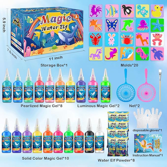 Magic Water Elf Toy Kit, Aqua Fairy Water Gel Kit for Kids, Squishy Maker with 20 DIY Models and 20 Colors, Magic Gel Water Pets Compatible with Boys & Girls Gift Aged 3+