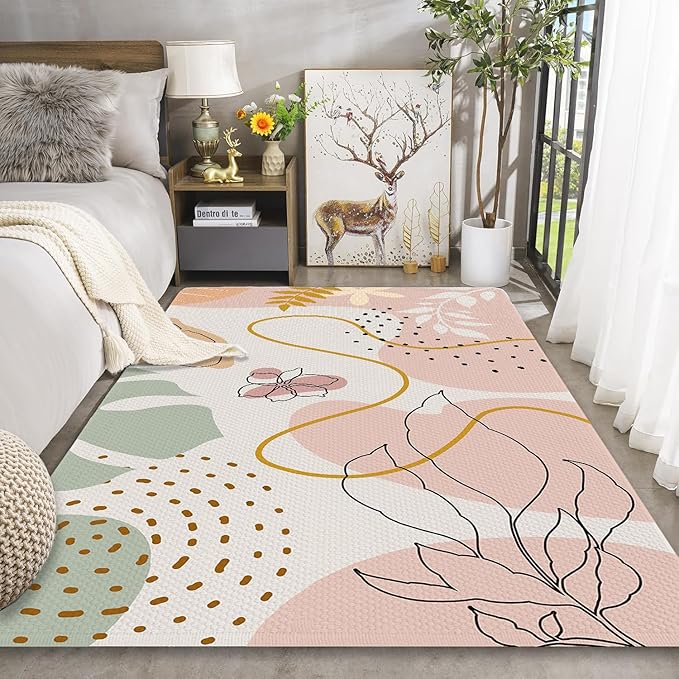 3x5 Boho Entryway Rug, Boho Flower Area Rugs for Girl Bedroom, Abstract Floral Pink Carpet for Living Room, Washable Kids Nursery Rugs for Classroom Decor Non-Slip Kids Playroom Rugs Mats for Floor