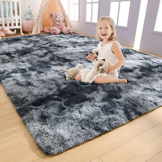 AROGAN Soft Rainbow Area Rugs for Girls Room, Fluffy Girls Bedroom Rugs, Princess Rug, Cute Colorful Carpet for Kids Teens Nursery Toddler (Blue-Grey, 4×6 Feet)