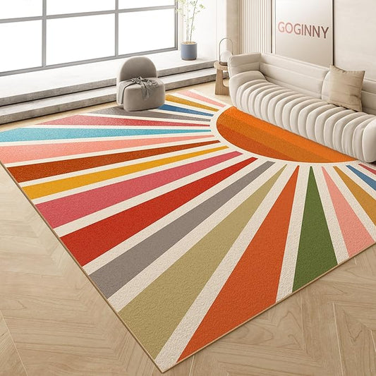 Washable 9x12 Sun Area Rug for Living Room, Rainbow Sun Modern Boho Large Area Rugs, Ultra Thin Low Pile Lightweight Soft Indoor Floor Carpet with Non-Slip Backing for Bedroom Kids Nursery Play Room