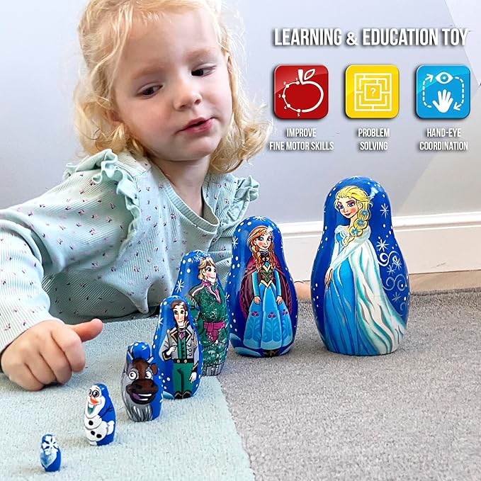 Matryoshka Russian Nesting Doll Babushka Beautiful Cartoon Characters Frozen Elsa Set 7 Pieces Pcs Wooden Hand Painted Souvenir Craft Gift