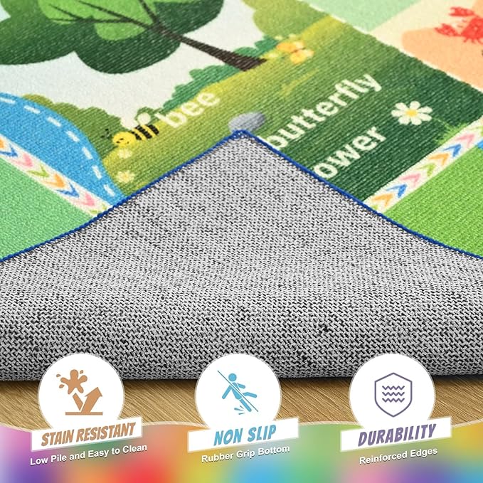 ABC Kids Rug for Playroom, 3x5 Washable Classroom Area Rugs, Toddler Educational Play Mat with Alphabet Numbers Seasons Shapes, Learning Fun for Preschool Children, Blue & Green