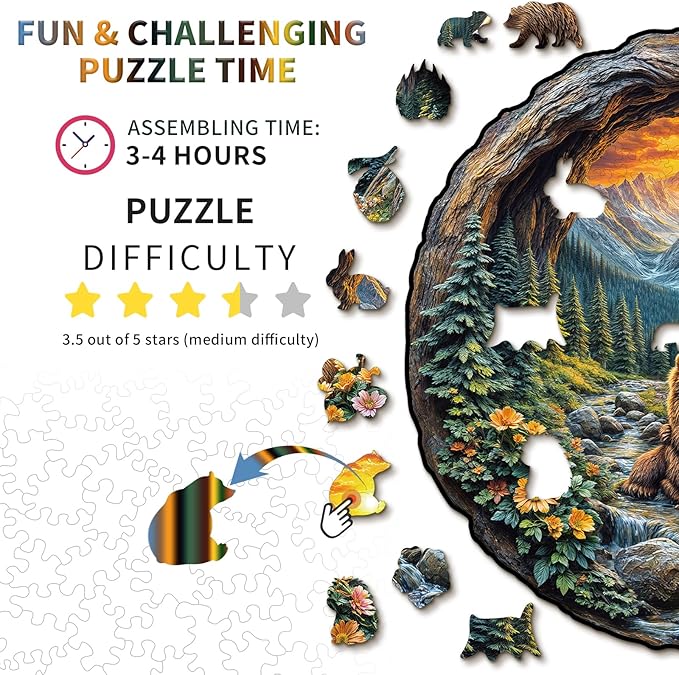 Wooden Puzzles for Adults, 3D Visual Effect Brown Bear Embrace Wooden Jigsaw Puzzle Kids,Unique Shape Wood Puzzle Adult,Puzzle for Adults,Birthday Gifts Family Games (M-11.3 * 11 in-242pcs)