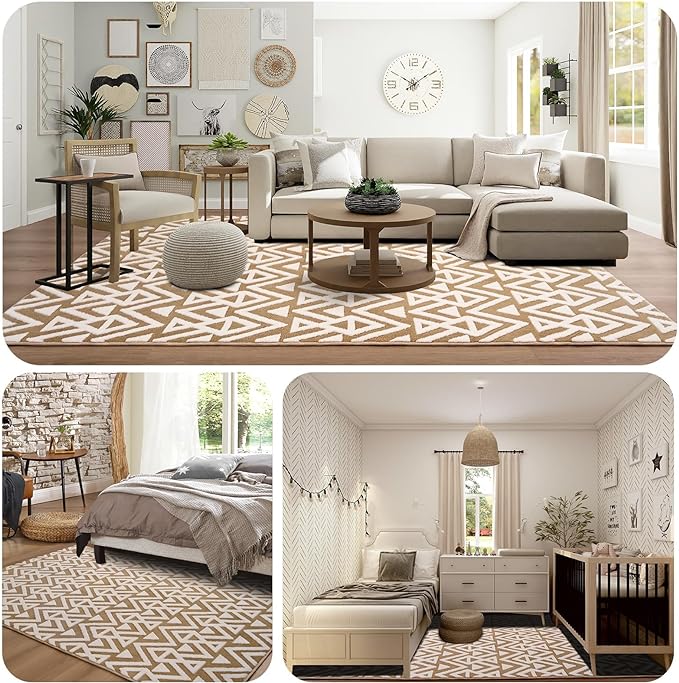 Ompaa Ultra Soft Shaggy Rugs Memory Foam Bedroom Carpet, Beige 3 x 5 Feet, Plush Geometric Textured Area Rugs for Living Room Couch Dorm Bedside Kids Girls Teens Room Nursery Decor Floor Mat