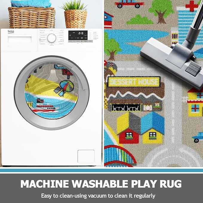 Capslpad Kids Rug 6'6" x 5'0" Educational Learning Kids Play Area Rug Large Traffic Road Cars Play Mat for Kid Toy Nursery Rug Kid Car Carpet for Playroom Living Room Classroom Decor, Tan