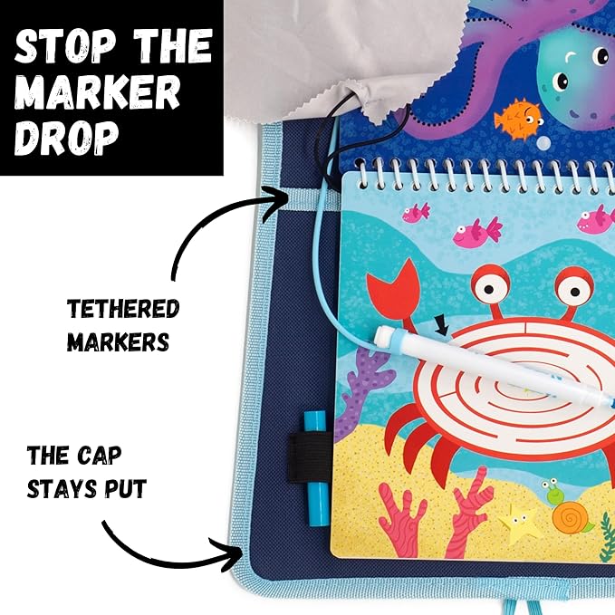 Kids Travel Educational Activity Book with Washable Markers - Car and Airplane Activities, Learning Toys for Toddlers- Reusable Stickers for Ages 4, 5, 6 (Ocean & Extra Princess Book)