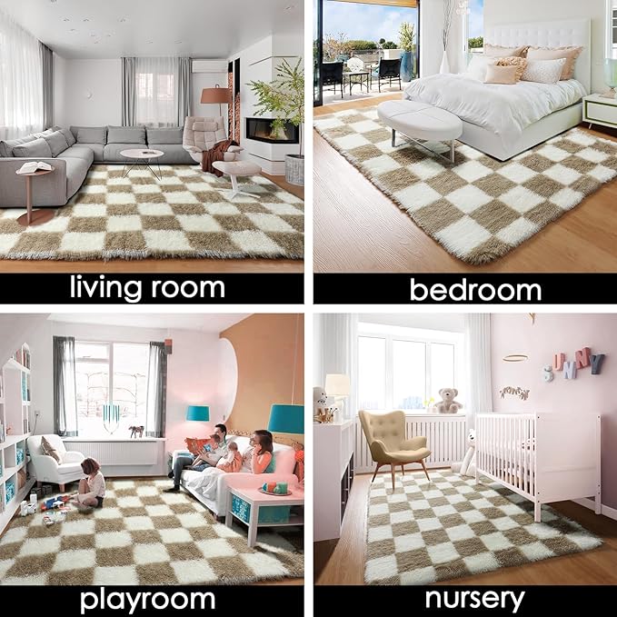 KICMOR Rugs for Living Room, 5x8 Fluffy Soft Beige and Cream White Checkered Shag Area Rug Large Fuzzy Shaggy Bedroom Carpet, Plush Rug for Kids Boys Girls Teen Dorm Nursery Home Decor Aesthetic