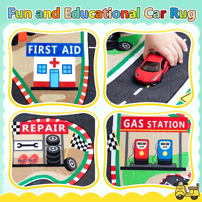 Kids Rug, Race Track Playmat Rugs, Realistic 3D Cascading Surround Route, 4x6 Ft Kids Rug for Playroom, Great for Playing with Cars and Toys, Non-Slip Car Carpet